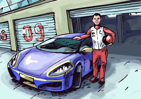 The racer is standing near his blue sport carのイラスト素材