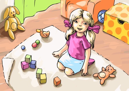 The little girl is playing with toys のイラスト素材