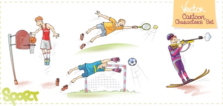 The cartoon characters set contains  the tall basketball player over the basket is performing a dunk, the tennis player who is trying to reach the ball by the racket, the soccer player  the goalkeeper  and the shooting funny biathlete  Enjoy のイラスト素材