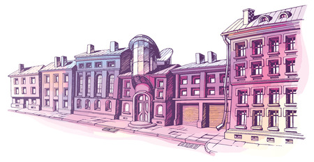 The buildings - old and new - are at the city street in a pastel shades のイラスト素材