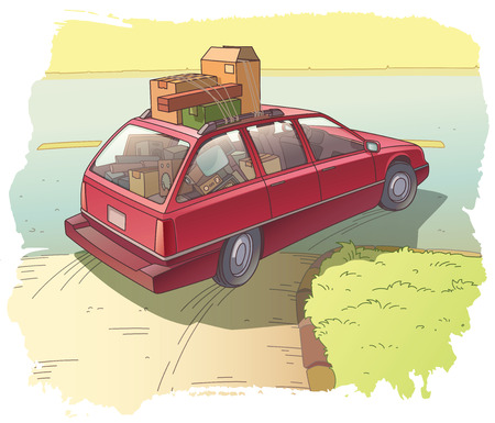 The red station wagon heavy loaded with the old boxes is making the turn のイラスト素材