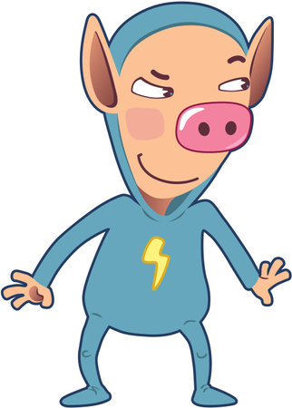 Cute Sly Little Pig standing on two legs, wearing a casual clothing is looking aside smiling. Isolated vector illustration on white background.のイラスト素材