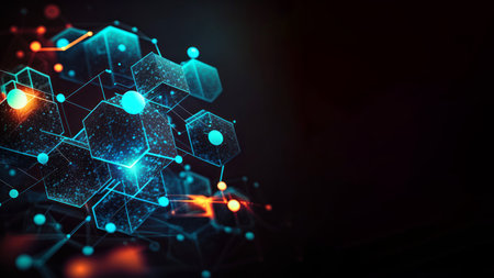 3D rendering of abstract technology concept with hexagons on dark backgroundの素材