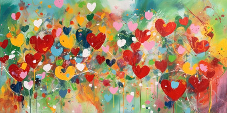 Valentine's day background. Watercolor painting with colorful hearts Generative AIの素材