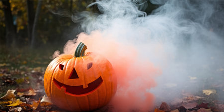 Halloween pumpkin with smoke on the background of autumn forest. Close-up Generative AIの素材