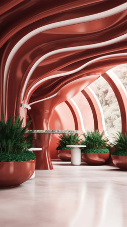 3d render of modern interior design with green plants in pots.の素材