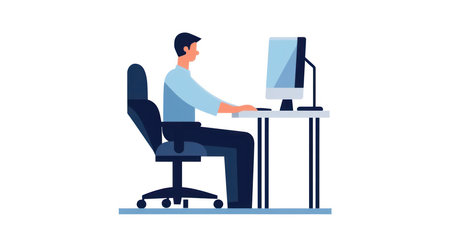 Businessman working on computer at office. Vector illustration in flat styleの素材