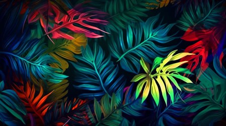 tropical leaves background. Colorful foliage pattern. vector illustration.の素材