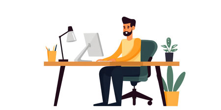 Businessman sitting at the desk and working with computer. Flat vector illustration.の素材