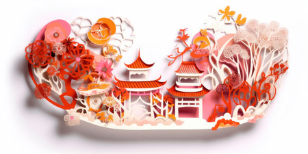 Paper cut of Chinese temple on white background. 3D rendering. Generative AIの素材