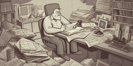 Cartoon illustration of a man reading a book at his desk.の素材
