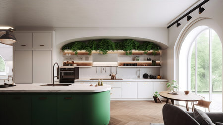3d Illustration of white modern kitchen in a house with a beautiful designの素材