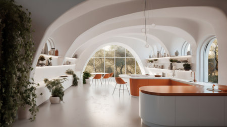 Interior of modern kitchen with white walls, white countertops and wooden bar with stools. 3d render Generative AIの素材