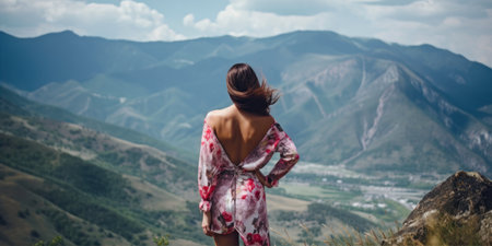 Beautiful young woman standing on the top of the mountain and looking at the valleyの素材