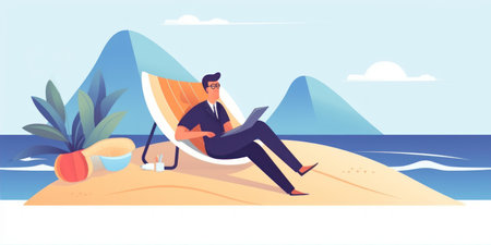 Businessman working on laptop on the beach. Vector illustration in flat style Generative AIの素材
