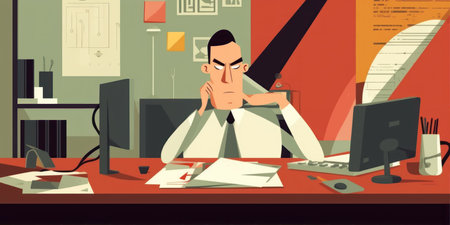 Vector illustration of a tired businessman sitting at his desk in the office.の素材