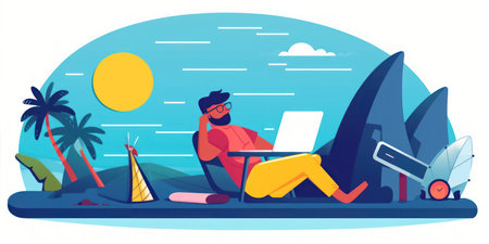 Freelance man working on laptop at beach. freelance concept. vector illustrationの素材