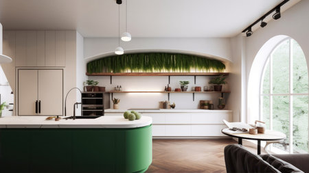 Interior of modern kitchen with green walls, wooden floor, white countertops with built in sink and cooker. 3d renderingの素材