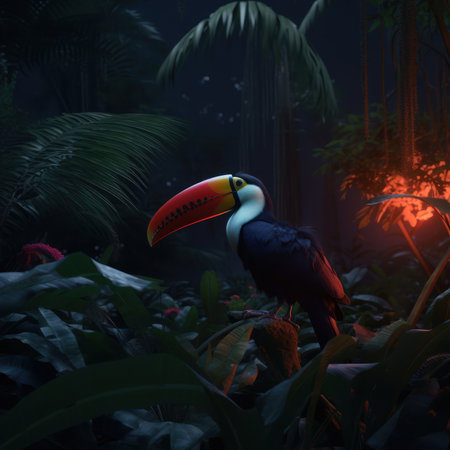 Toucan in the jungle at night. 3D rendering.の素材