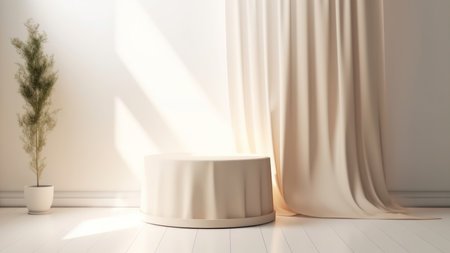 3d render of white podium in the room with curtains and plant Generative AIの素材