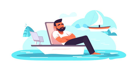 Man with beard sitting in boat and looking at the sea. vector illustrationの素材
