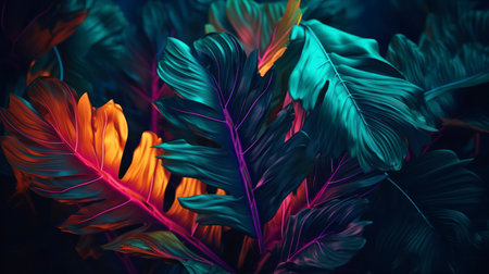 tropical leaves background. Colorful monstera leaves in neon light.の素材