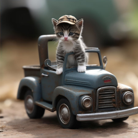 Cute little kitten playing with toy car on nature background, selective focusの素材