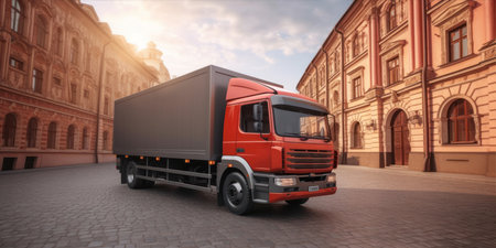 3D rendering of a red truck on the street in the cityの素材