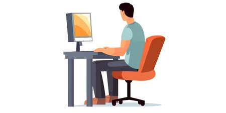Man sitting at desk and using computer. Vector illustration in flat style Generative AIの素材