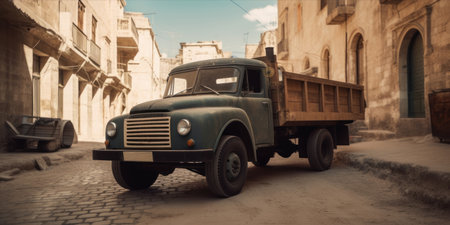 Old truck on the street of the old city. retro style. Generative AIの素材