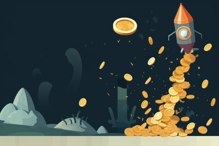 Cartoon illustration of a rocket taking off from a pile of coinsの素材
