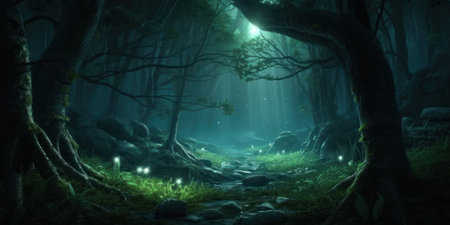 Fantasy dark forest with light beam. 3d render illustration.の素材