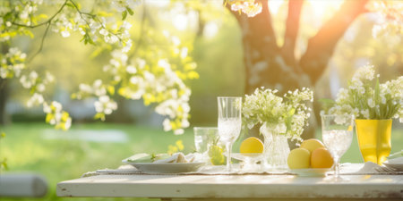 Easter table setting with eggs and spring flowers. selective focus. nature.の素材