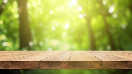 Empty wooden table over blurred green nature background, product display montageの素材