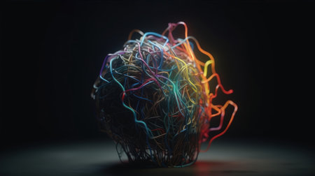 3d rendering of an abstract sphere with colorful wires on a black backgroundの素材