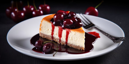 Cheesecake with cherries on a white plate on a black backgroundの素材