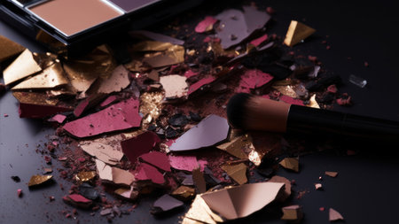 Makeup brushes and crushed eye shadow palette on black background.の素材