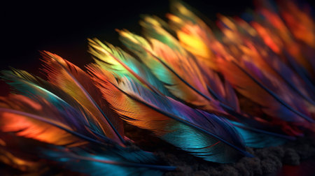 Beautiful color feathers on black background. close up macro photo.の素材