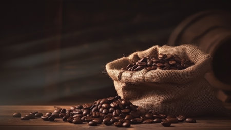 Coffee beans in burlap bag on wooden table and dark backgroundの素材