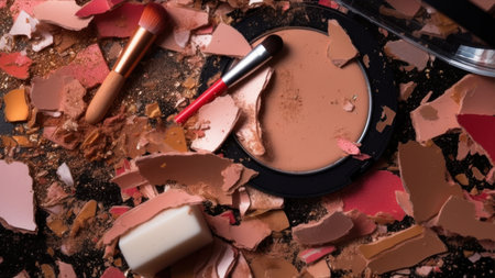 Makeup background with crushed eye shadow palette, brush and powderの素材