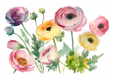Watercolor bouquet of ranunculus flowers on white background.の素材