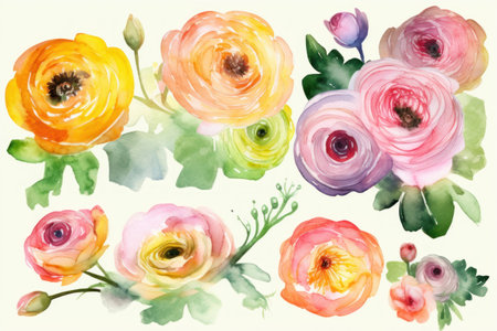 Watercolor spring flowers set. Hand painted watercolor floral illustration.の素材