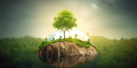 Green planet and tree in the air. 3D rendering. Elements of this image furnished by NASAの素材