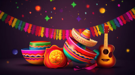 Cinco de mayo background with sombrero, guitar and maracasの素材