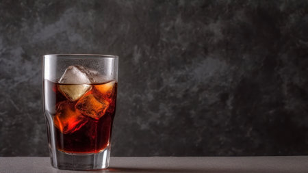 Cola with ice cubes in a glass on a dark stone background.の素材