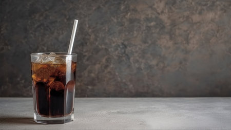 Glass of cola with ice cubes and straw on concrete background.の素材