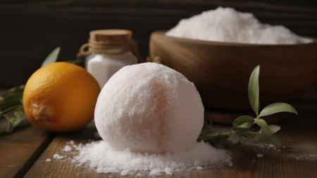 Sugar balls with lemon and salt on wooden table, closeupの素材