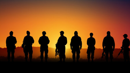 Silhouette of a group of soldiers on the sunset background.の素材