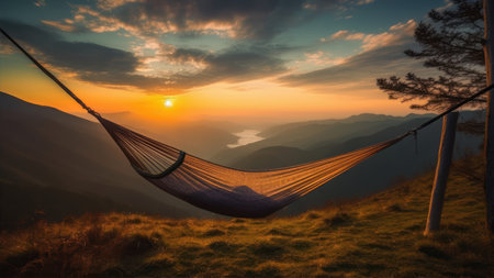 Hammock in the mountains at sunset. Beautiful landscape with hammock.の素材