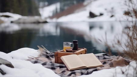 A book with a cup of coffee and a flask on a plaid on the background of a mountain lakeの素材